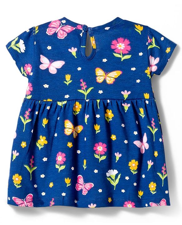 Babyhug Single Jersey Knit Half Sleeves Floral & Polka Dot Printed Frocks with Bow Applique Pack of 2 - Navy Blue & Pink