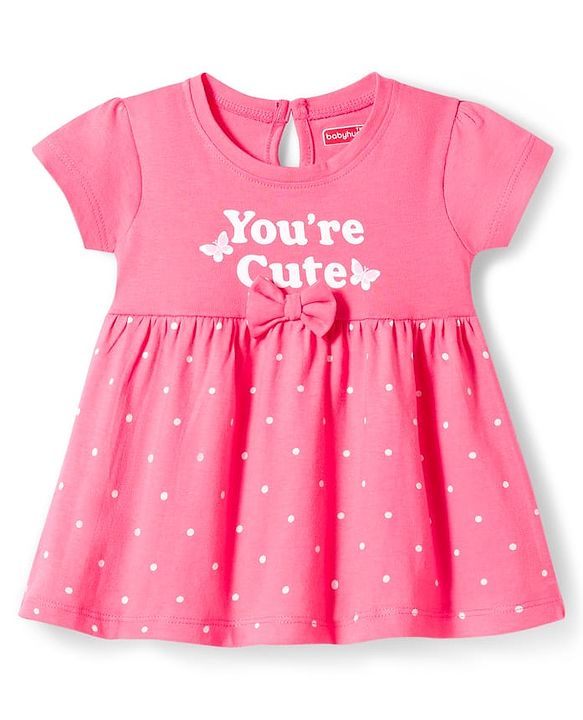 Babyhug Single Jersey Knit Half Sleeves Floral & Polka Dot Printed Frocks with Bow Applique Pack of 2 - Navy Blue & Pink