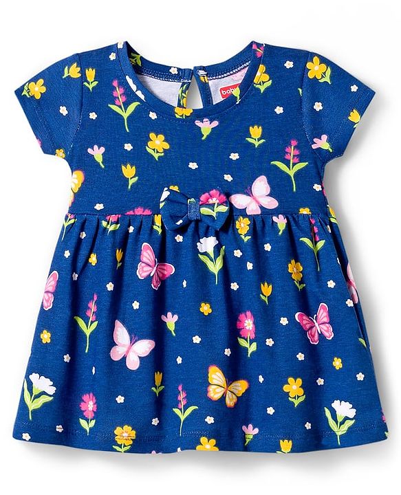 Babyhug Single Jersey Knit Half Sleeves Floral & Polka Dot Printed Frocks with Bow Applique Pack of 2 - Navy Blue & Pink