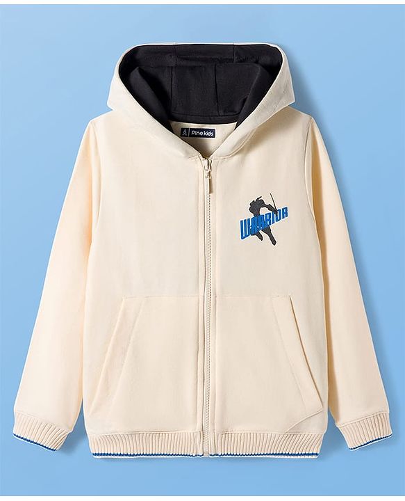 Pine Kids Knit Full Sleeves Hooded SweatJacket with Front & Back Text Graphic - Off White