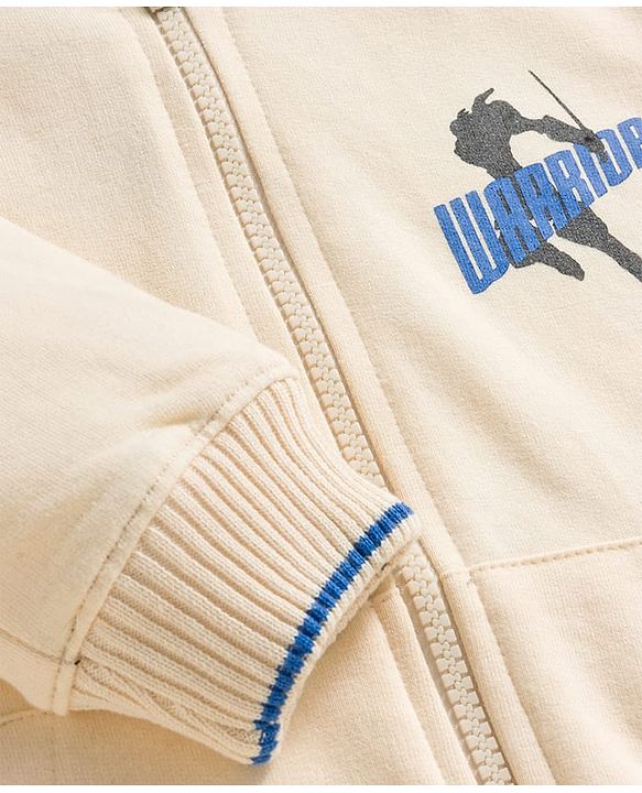 Pine Kids Knit Full Sleeves Hooded SweatJacket with Front & Back Text Graphic - Off White