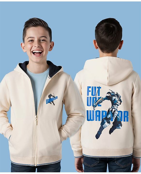 Pine Kids Knit Full Sleeves Hooded SweatJacket with Front & Back Text Graphic - Off White