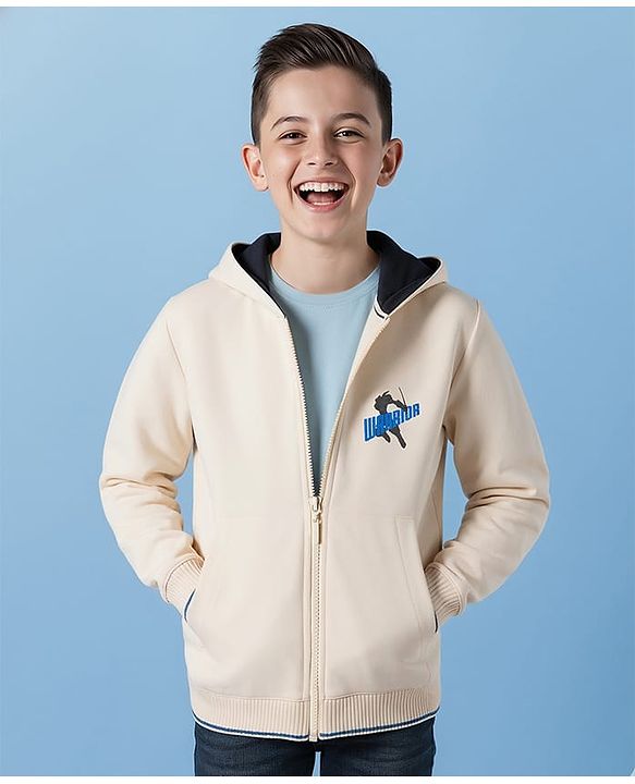 Pine Kids Knit Full Sleeves Hooded SweatJacket with Front & Back Text Graphic - Off White
