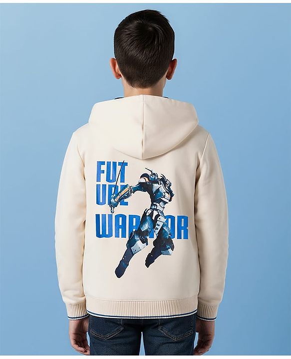 Pine Kids Knit Full Sleeves Hooded SweatJacket with Front & Back Text Graphic - Off White