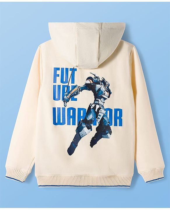 Pine Kids Knit Full Sleeves Hooded SweatJacket with Front & Back Text Graphic - Off White