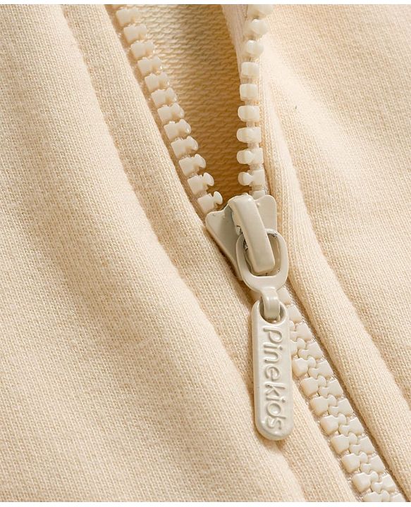 Pine Kids Knit Full Sleeves Hooded SweatJacket with Front & Back Text Graphic - Off White
