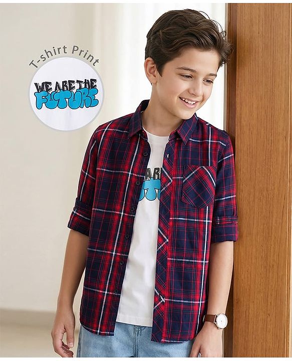 Pine Kids Cotton Woven Full Sleeves Check Shirt with Inner T-Shirt - Red & White
