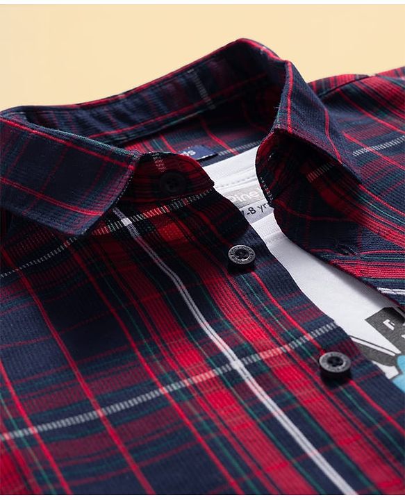 Pine Kids Cotton Woven Full Sleeves Check Shirt with Inner T-Shirt - Red & White