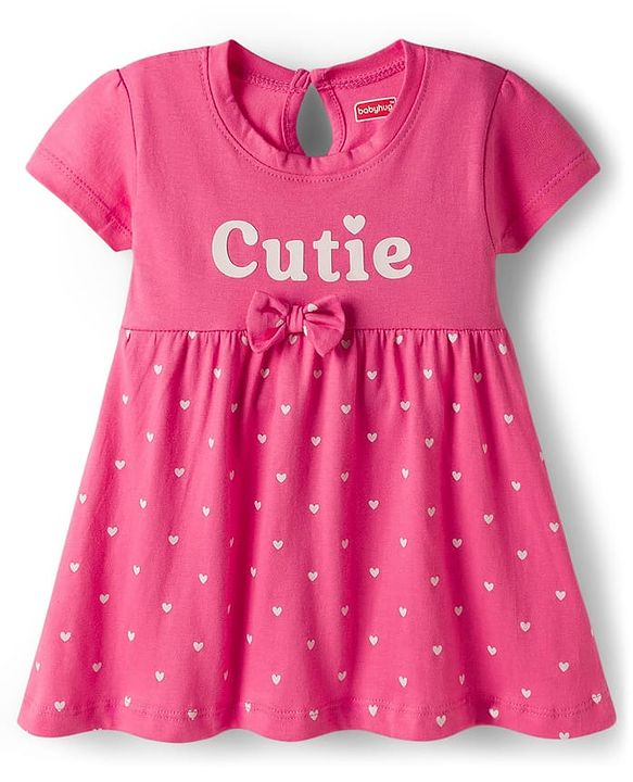 Babyhug Single Jersey Knit Half Sleeves Frocks With Heart Print & Bow Applique Pack of 2 - Purple & Dark Pink