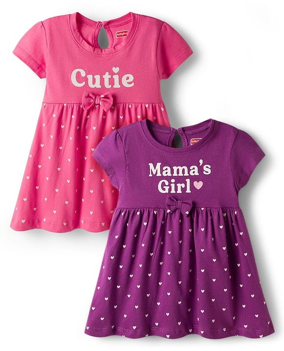 Babyhug Single Jersey Knit Half Sleeves Frocks With Heart Print & Bow Applique Pack of 2 - Purple & Dark Pink