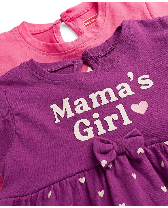 Babyhug Single Jersey Knit Half Sleeves Frocks With Heart Print & Bow Applique Pack of 2 - Purple & Dark Pink