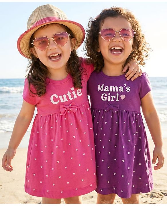 Babyhug Single Jersey Knit Half Sleeves Frocks With Heart Print & Bow Applique Pack of 2 - Purple & Dark Pink