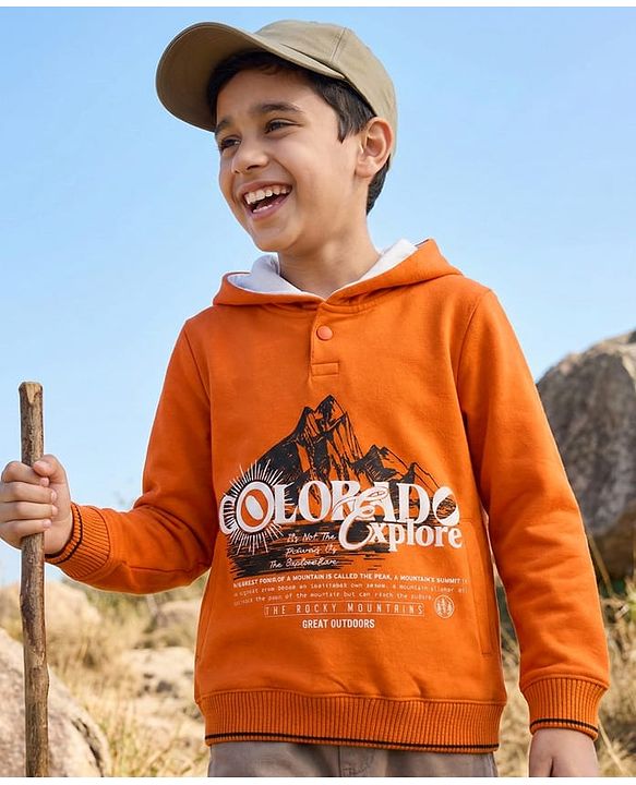 Pine Kids Knit Full Sleeves Hooded Sweatshirts With Colorado Text Print - Orange