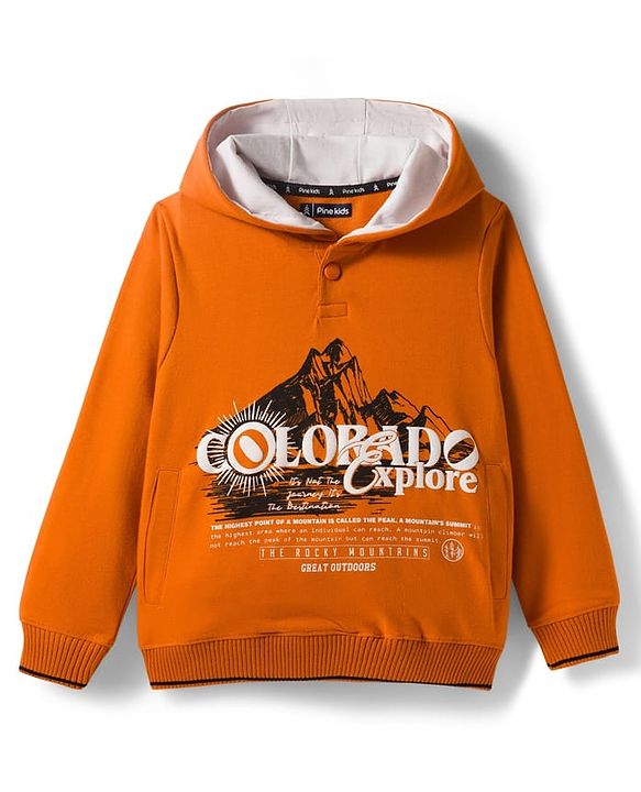 Pine Kids Knit Full Sleeves Hooded Sweatshirts With Colorado Text Print - Orange