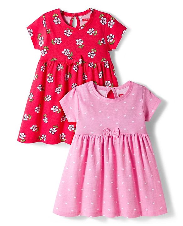 Babyhug Single Jersey Knit Half Sleeves Frocks with Bow Applique & Floral Print Pack of 2 - Red & Pink