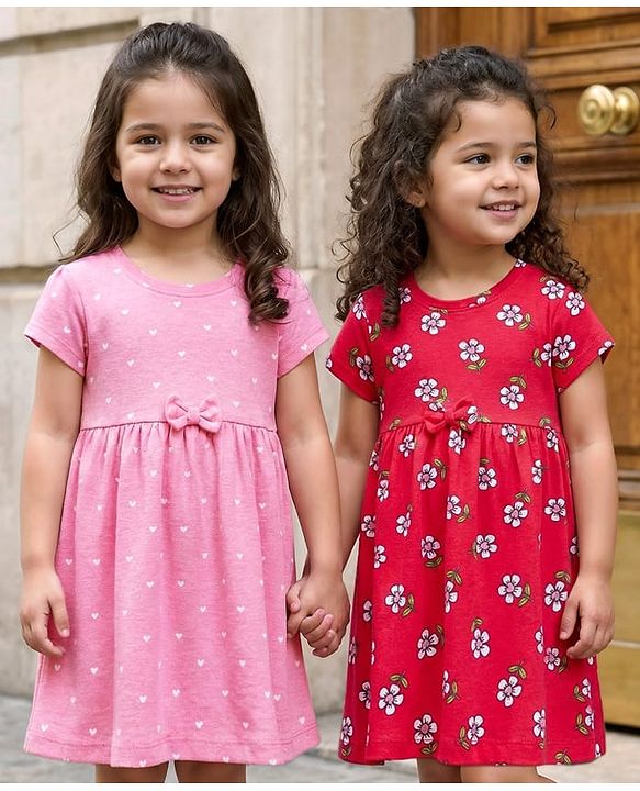 Babyhug Single Jersey Knit Half Sleeves Frocks with Bow Applique & Floral Print Pack of 2 - Red & Pink
