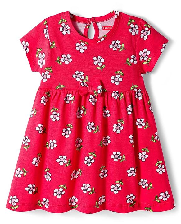 Babyhug Single Jersey Knit Half Sleeves Frocks with Bow Applique & Floral Print Pack of 2 - Red & Pink