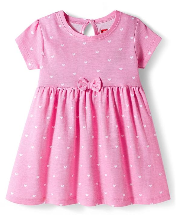 Babyhug Single Jersey Knit Half Sleeves Frocks with Bow Applique & Floral Print Pack of 2 - Red & Pink