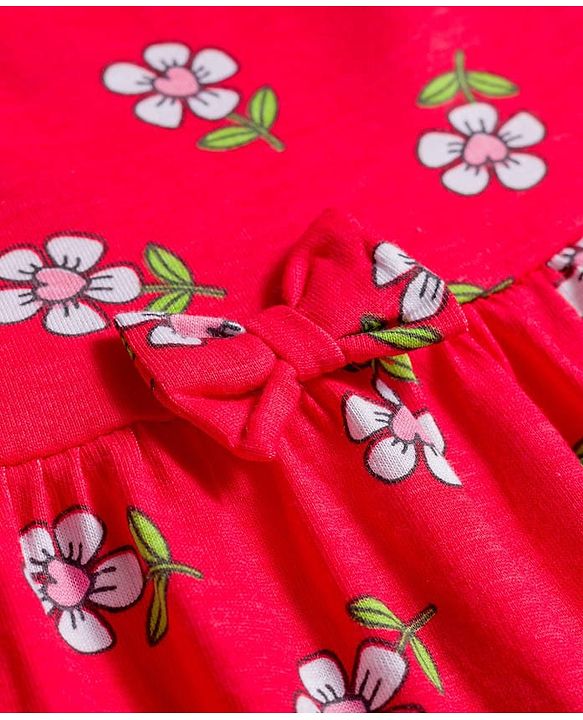 Babyhug Single Jersey Knit Half Sleeves Frocks with Bow Applique & Floral Print Pack of 2 - Red & Pink