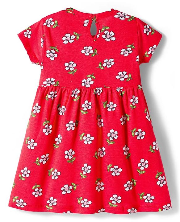 Babyhug Single Jersey Knit Half Sleeves Frocks with Bow Applique & Floral Print Pack of 2 - Red & Pink