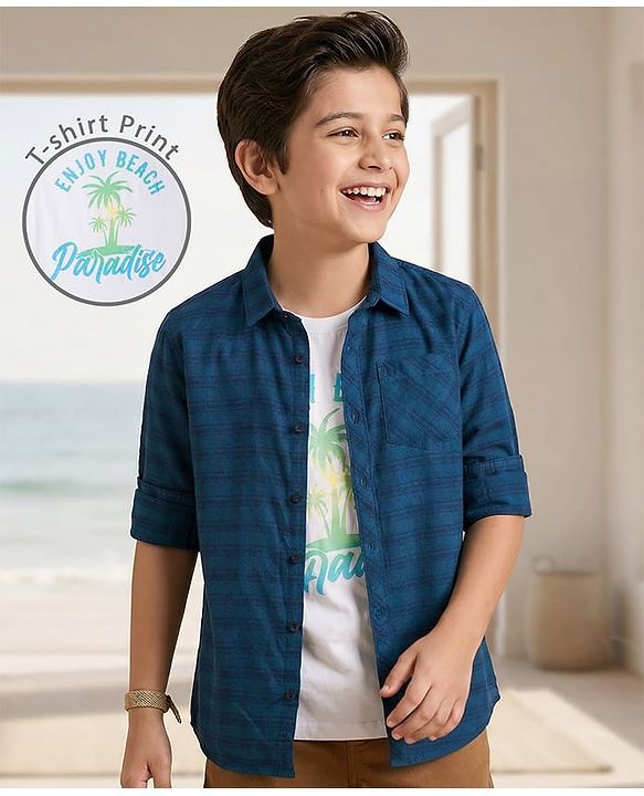 Pine Kids Cotton Woven Full Sleeves Checks Shirt with T-Shirt - Dark Green
