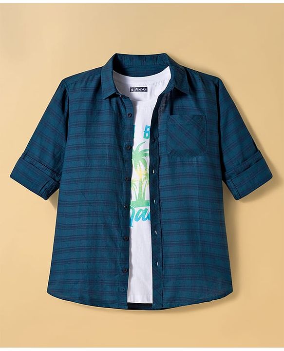 Pine Kids Cotton Woven Full Sleeves Checks Shirt with T-Shirt - Dark Green