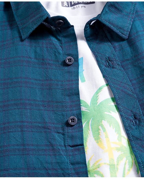 Pine Kids Cotton Woven Full Sleeves Checks Shirt with T-Shirt - Dark Green