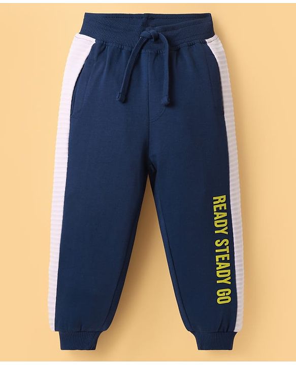 Babyhug French Terry Knit Full Length Lounge Pant With Text Print - Navy Blue