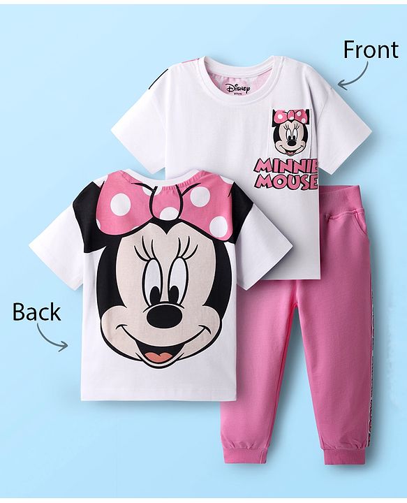 Babyhug Disney Single Jersey Knit Drop Shoulder Half Sleeves Oversized T-Shirt & Track Pant Set With Front & Back Minnie Mouse Graphics - White & Pink