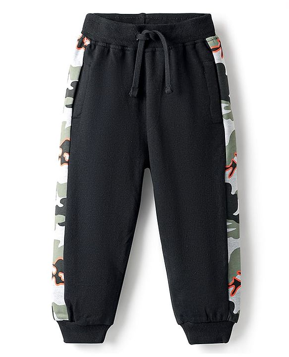 Babyhug French Terry Full Length Lounge Pants with Pocket & Camouflage Print - Black