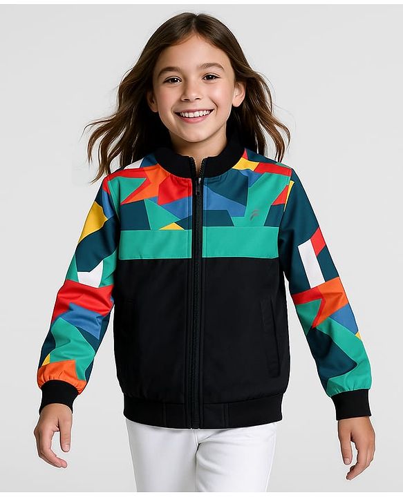 Pine Active Woven Athleisure Full Sleeve Jacket with Abstract Print - Black
