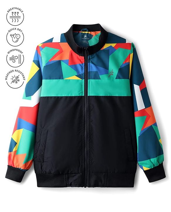 Pine Active Woven Athleisure Full Sleeve Jacket with Abstract Print - Black