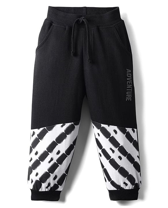 Babyhug French Terry Knit Full Length Lounge Pants with Adventure Text Print - Black