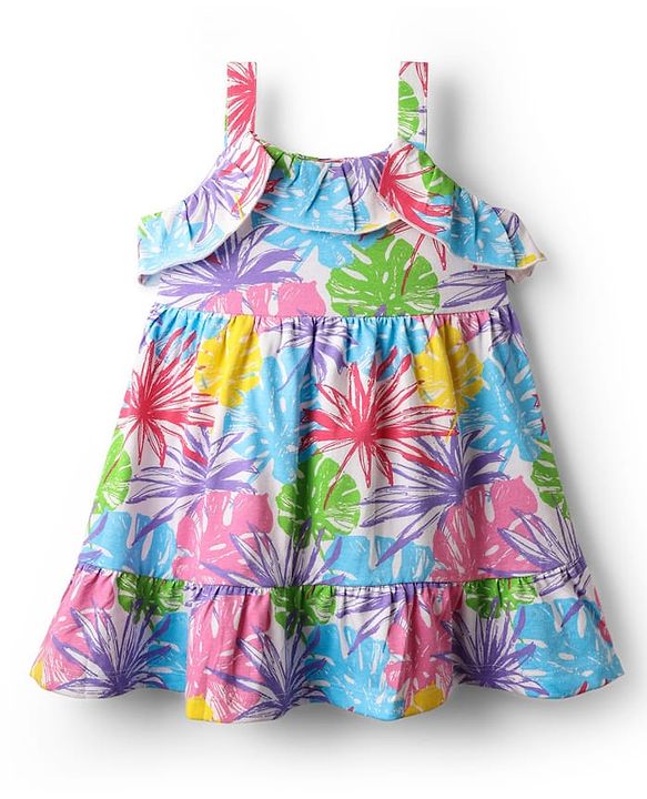 Babyhug Cotton Knit Sleeveless Frock with Floral Print & Lace Frill Detailing - Multicolor