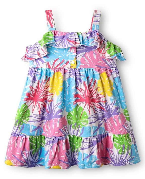 Babyhug Cotton Knit Sleeveless Frock with Floral Print & Lace Frill Detailing - Multicolor