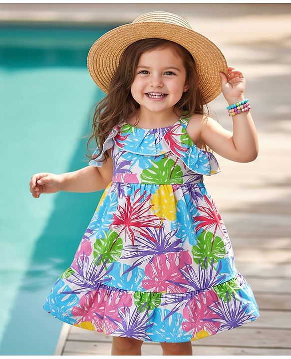 Babyhug Cotton Knit Sleeveless Frock with Floral Print & Lace Frill Detailing - Multicolor