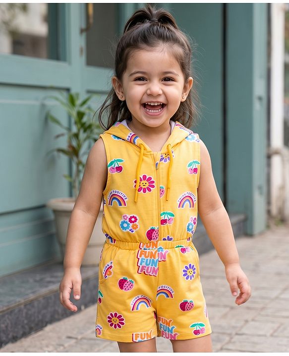 Babyhug Cotton Knit Sleeveless Hooded Jumpsuit With Floral Print - Yellow