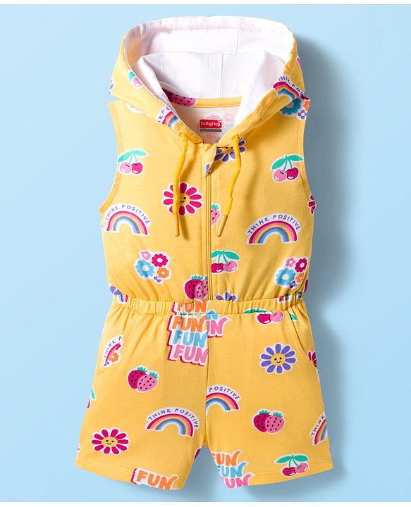 Babyhug Cotton Knit Sleeveless Hooded Jumpsuit With Floral Print - Yellow