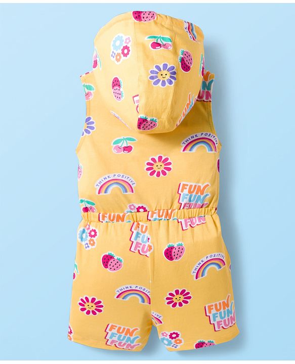 Babyhug Cotton Knit Sleeveless Hooded Jumpsuit With Floral Print - Yellow