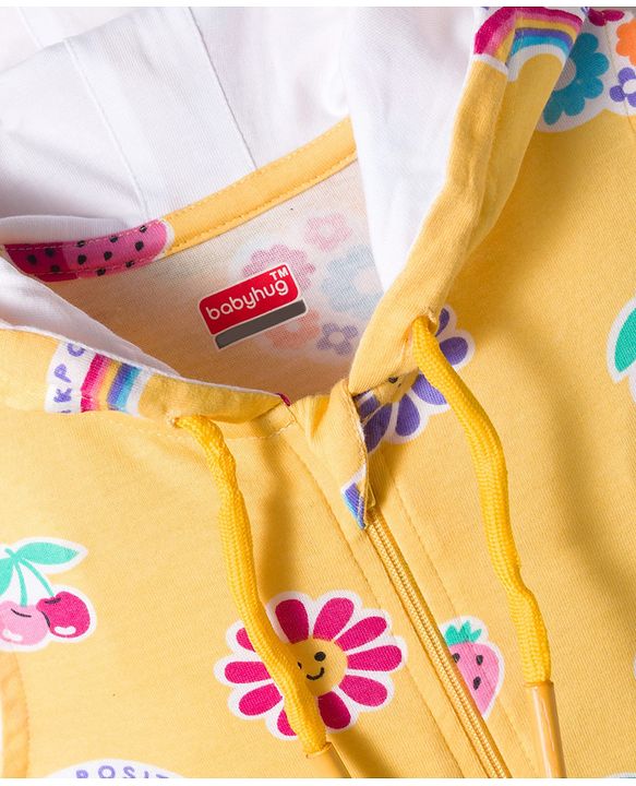 Babyhug Cotton Knit Sleeveless Hooded Jumpsuit With Floral Print - Yellow