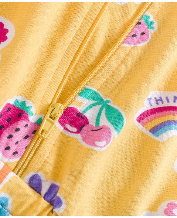 Babyhug Cotton Knit Sleeveless Hooded Jumpsuit With Floral Print - Yellow