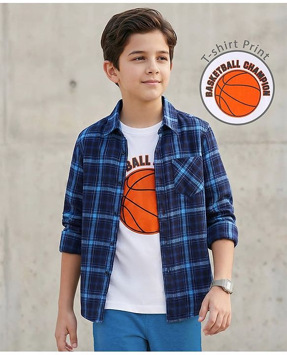 Pine Kids Cotton Woven Full Sleeves Checkered Shirt with Inner Tee - Navy Blue