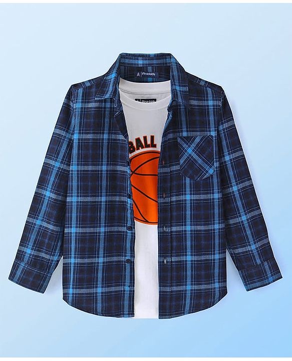 Pine Kids Cotton Woven Full Sleeves Checkered Shirt with Inner Tee - Navy Blue