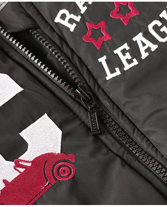 Babyhug Woven Full Sleeves Bomber Jacket With Text Print - Black & Red