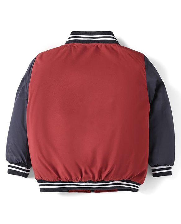 Babyhug Woven Full Sleeves Dino & Text Embroidered Bomber Jacket - Red & Navy Blue