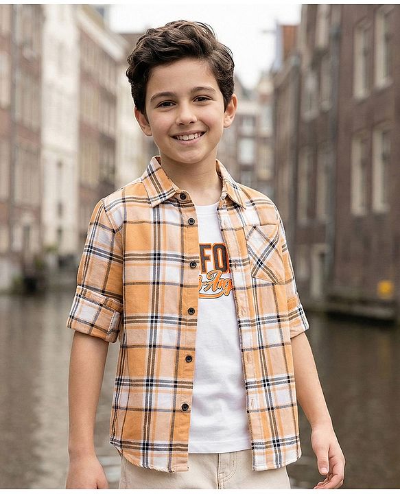 Pine Kids Cotton Woven Full Sleeves Checks Shirt With T-Shirt - Multicolour