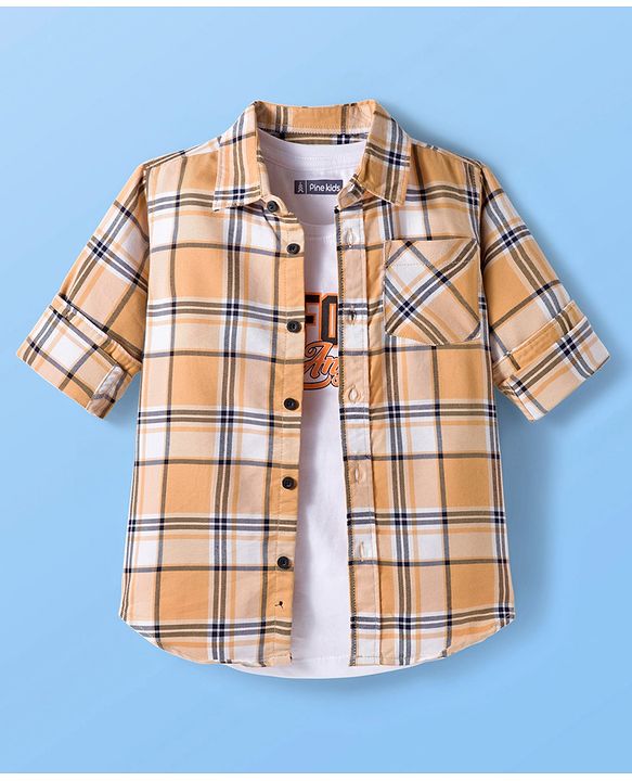 Pine Kids Cotton Woven Full Sleeves Checks Shirt With T-Shirt - Multicolour