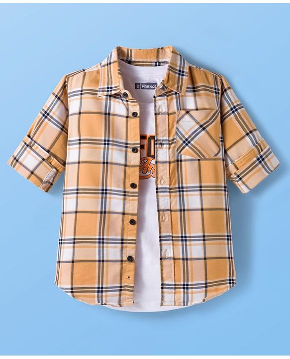 Pine Kids Cotton Woven Full Sleeves Checks Shirt With T-Shirt - Multicolour