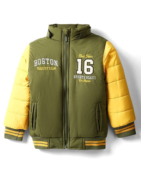 Babyhug Woven Full Sleeves Hooded Padded Jacket With Text Embroidery - Olive Green & Yellow