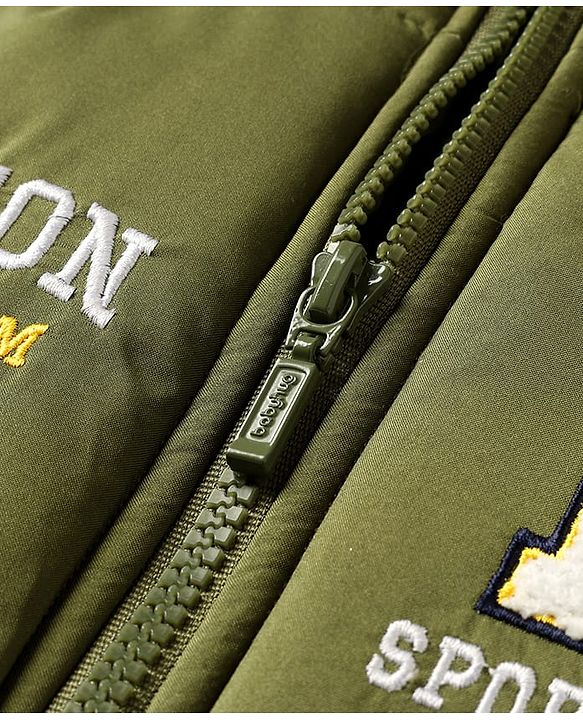 Babyhug Woven Full Sleeves Hooded Padded Jacket With Text Embroidery - Olive Green & Yellow